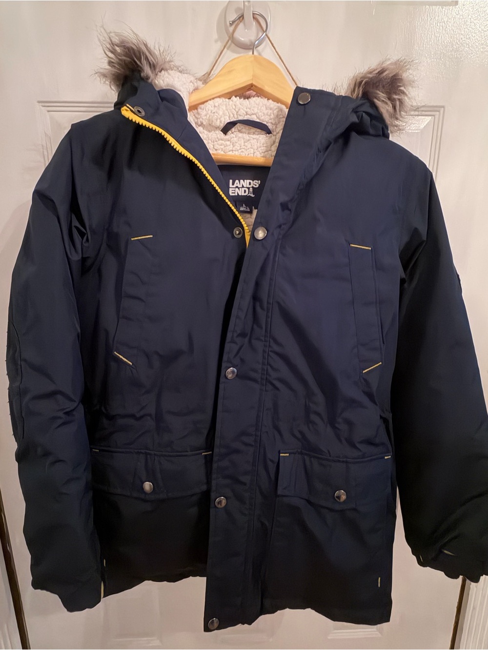 Lands' End Girl Kids Hooded Parka L(14-16) Navy with yellow